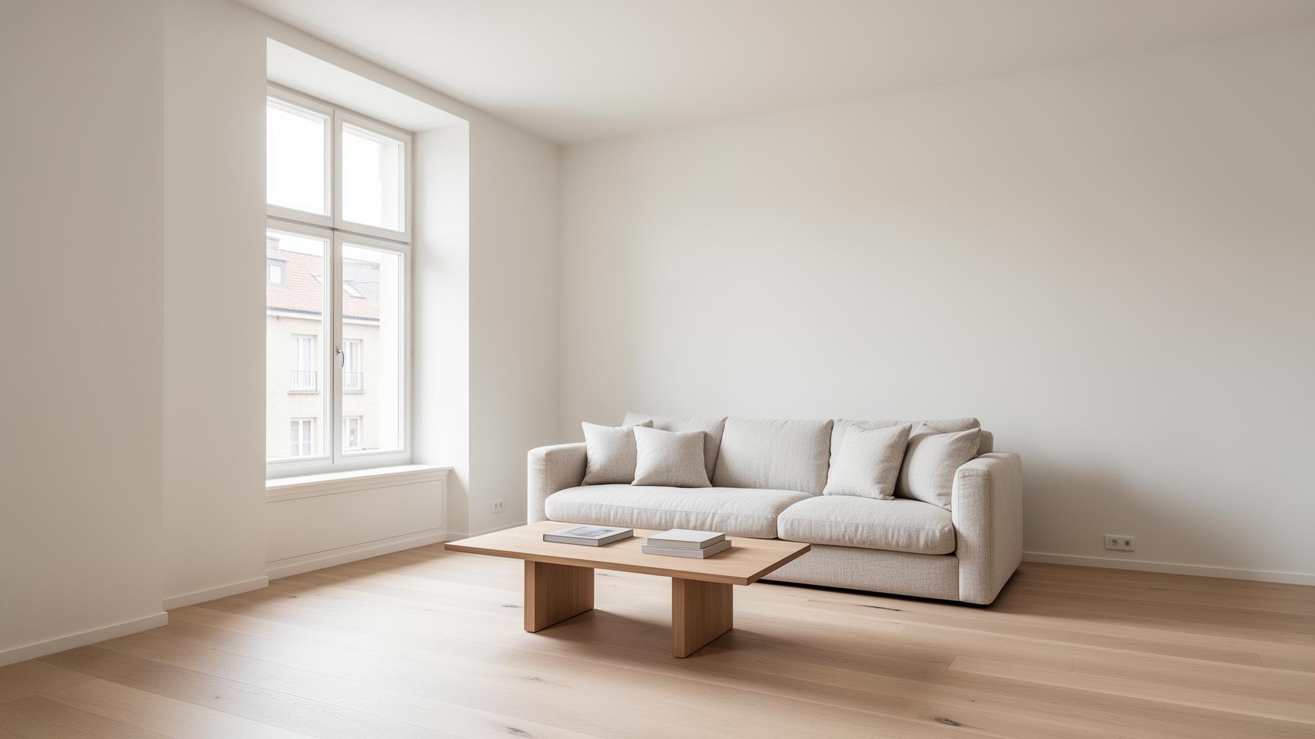Scandinavian living room with linen sofa and oak floors